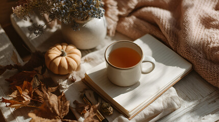 Autumn comfort: tea, notebook, pumpkin, leaves, and sweater create a cozy, seasonal still life.