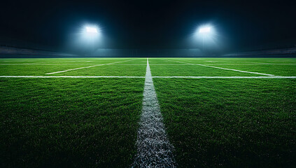 Obraz premium Illuminated green football field with white yard lines under a night sky, revealing empty stadium seating in the background.