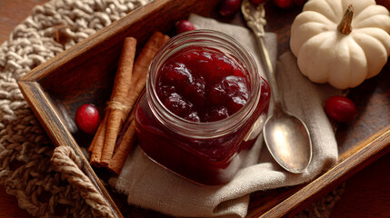 Autumn delight: homemade cranberry sauce, cinnamon sticks, and pumpkin in a rustic setting. Cozy vibes!