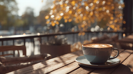 A cup of coffee rests on a wooden table, sunlight dappling through trees in the background. Peaceful scene.
