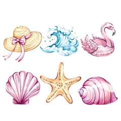 Summer vacation essentials featuring beach icons such as a stylish hat, pink flamingo float, colorful shells, and refreshing waves to evoke excitement for warm weather fun