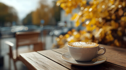 Coffee break: A warm cup of latte with latte art on a wooden table, with autumn leaves in the background.