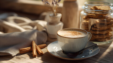 Cozy Morning: Latte, cinnamon sticks, and homemade cookies, on a wood table with soft light. Relax and enjoy.