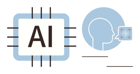 AI chip and human profile with sound-wave analysis. Ideal for AI, voice interface, innovation, technology, speech recognition, machine learning, digital communication. Simple flat metaphor