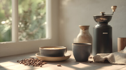 Coffee break scene with latte art, roasted beans, and a hand grinder creating a cozy, aromatic ambiance.