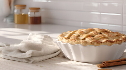 Baked pie in white dish on counter with towel and spice. Dessert ready to eat. Kitchen scene.