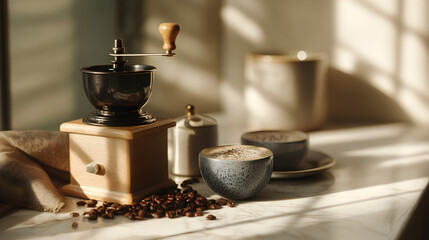 Coffee grinder, beans, and cups create a cozy, warm ambiance. Inviting coffee preparation and enjoyment.