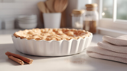 Homemade pie with cinnamon in a bright kitchen with spices, and simple white dishware and linen.