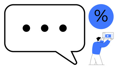 Large speech bubble with dots, percentage sign, and person watching video on screen. Ideal for communication, statistics, education, marketing, strategy, multimedia simple landing page