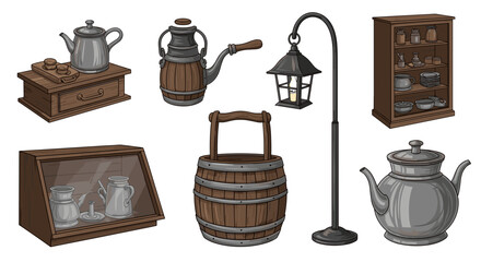 Assorted vintage wooden and metal objects in a pixelated style.