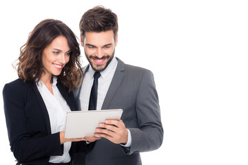 two business people using a tablet, isolated on a white background, png, transparent