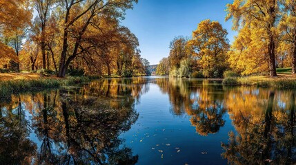 Fototapeta premium Autumn trees in vibrant hues of gold frame a calm lake, reflecting the foliage under a bright blue sky