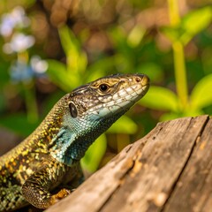 Naklejka premium Lizard on log, close-up