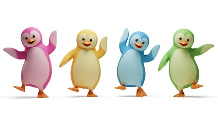 Obraz premium Four colorful cartoon penguins dancing