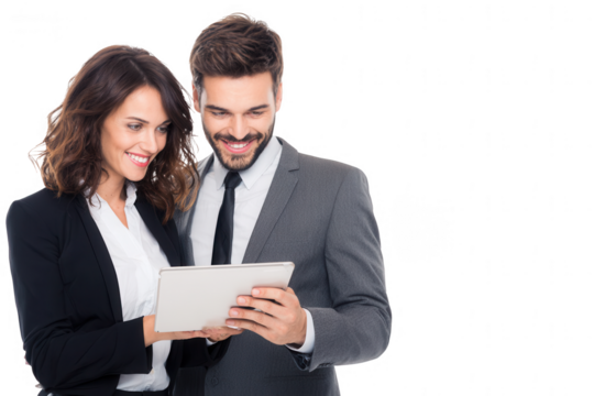 two business people using a tablet, isolated on a white background, png, transparent