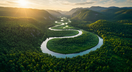 Aerial river landscape mountain forest nature scenic winding waterway travel destination view