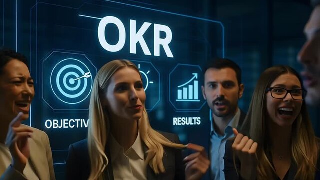 Business team in discussion and planning, highlighting the OKR system with goal-oriented visualization. 