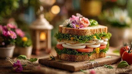 Naklejka premium Visually Appealing Sandwich with Flowers, Fresh Ingredients and Rustic Setting
