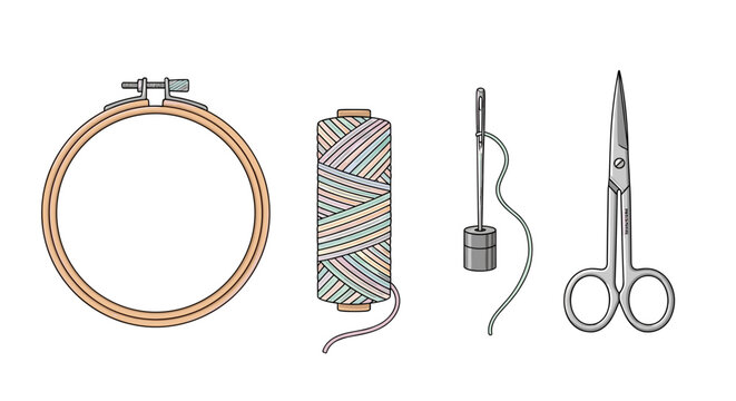 Handcraft supplies: Embroidery hoop, thread spool, needle, and sewing scissors.