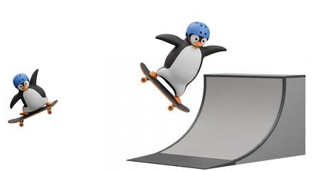Penguins skateboarding on ramp illustration