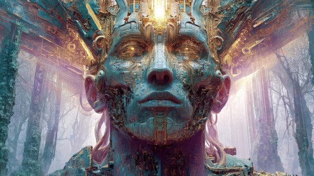 Futuristic, ethereal being,  with intricate metallic face and crown, in a mystical forest setting