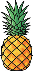 Colorful cartoon illustration of a pineapple, showcasing its vibrant green leaves and yellow, diamond-patterned skin.