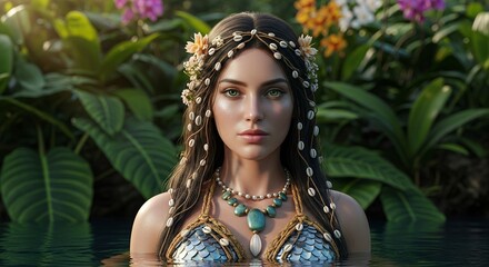 Portrait of a woman with seashell adornments in a tropical setting