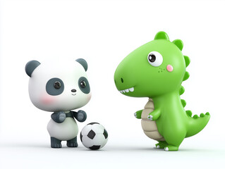 Fototapeta premium Adorable panda playing soccer with a friendly dinosaur