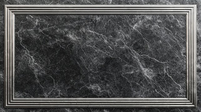 A rectangular metallic frame outlines a dark, veined marble surface, a sophisticated minimalist composition