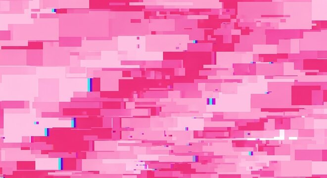 Abstract pink digital glitch art with horizontal and vertical pixelated blocks and subtle blue and white distortions.