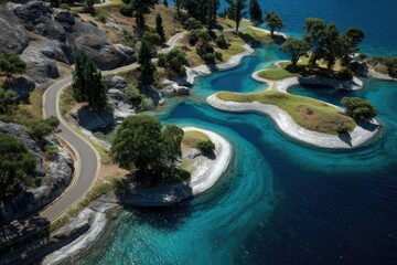 Winding road hugs a lake with turquoise inlets, surrounded by rocky shores and trees