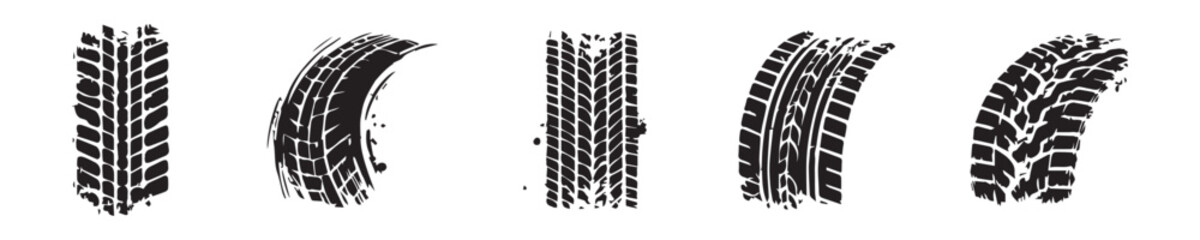 set of Grunge track, tires stamps. Wheel braking marks, car or motorcycle tread, motorsport, racing.