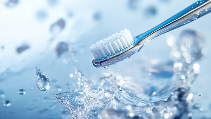Close-up of a blue toothbrush with white bristles over splashing water, promoting dental care and hygiene.
