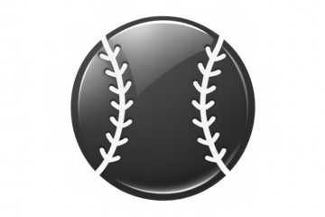 Glossy black baseball icon with white stitching, isolated on a transparent background, perfect for sports-related designs