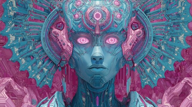 Stylized, alien-like figure with a detailed, ornate headpiece in pink and blue hues