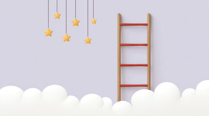Dreamy cloud scene with wooden ladder and hanging stars in minimalist style