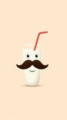 Cute milkshake with mustache cartoon character and red straw