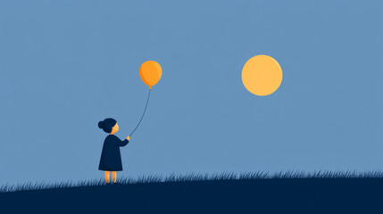 Asian female child with balloon in minimalistic evening landscape