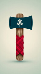 Wooden axe with tree design and red wrapped handle on pale background