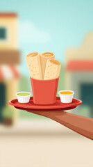 Hand holding tray with tacos and dips in outdoor setting