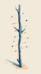 Whimsical wooden trail marker pole with colorful arrow icons for outdoor adventure design