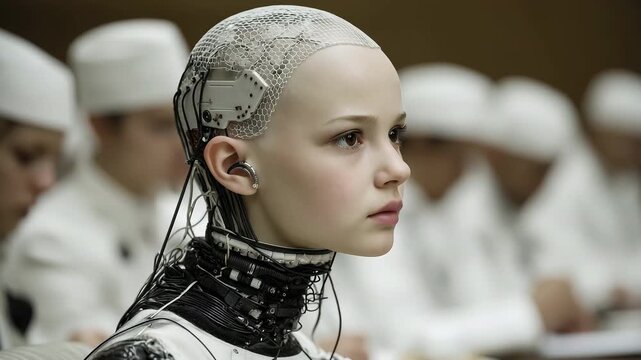 Contemplative young female android with exposed neural implant &mdash; she looks up from bowed profile to three-quarter close-up in a sterile clinical lab