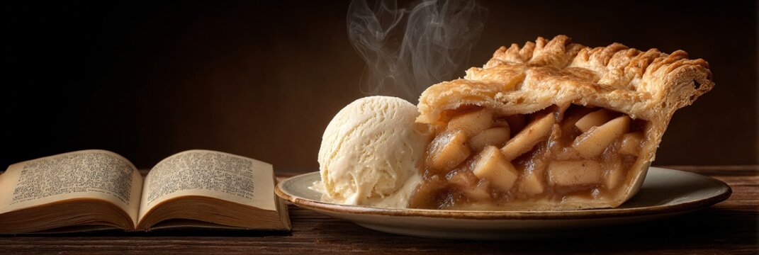 Tranche de tarte aux pommes chaude fumante avec boule de glace