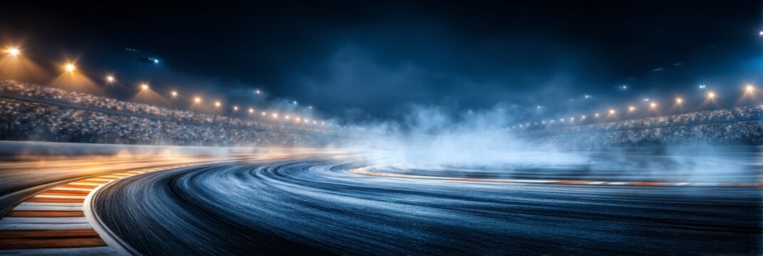 Circuit de course nocturne, trajectoire lumineuse, mouvement flou