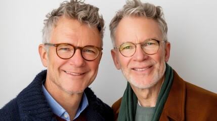 A joyful gay couple enjoys a warm embrace in their stylish living room, sharing smiles and love in their cozy home.