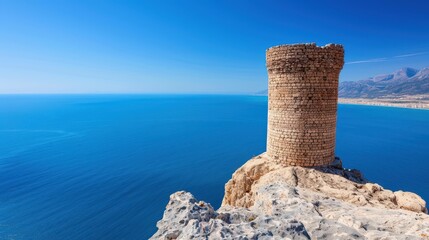 Naklejka premium Explore the charm of Villajoyosa, a coastal gem in Spain, with its stunning old tower overlooking the sparkling sea.