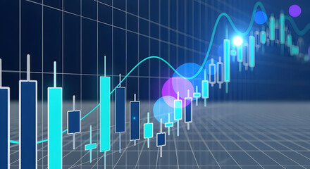 Stock Market Chart with Cyan Candlesticks and Rising Blue Trendline on Dark Grid Background