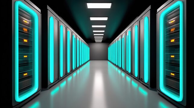 Explore a sleek database center, lit by neon blue and green lights, showcasing a fully operational server rack.