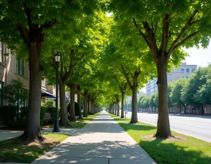 Street Urban Scene with large trees Lined Sidewalk