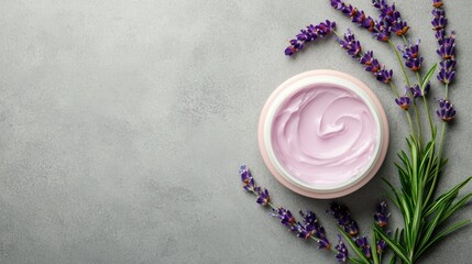 Lavender Body Lotion Flat Lay with Fresh Lavender and Green Leaves